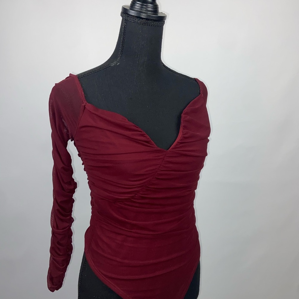Bodysuit Burgundy Off the shoulder Long Ruched Sleeves Top Large